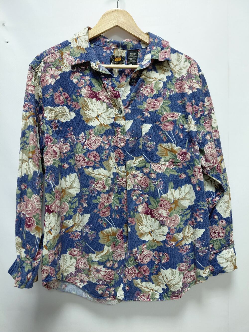 Route 66 Floral Button-Up Shirt Blue Woven Long Sleeve Women Size Medium
